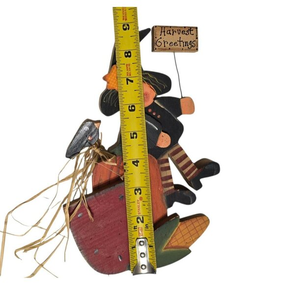 VTG Harvest Greetings Witch Wood Sign Fall Autumn Folk Art Rustic Crazy Mountain - Picture 7 of 8